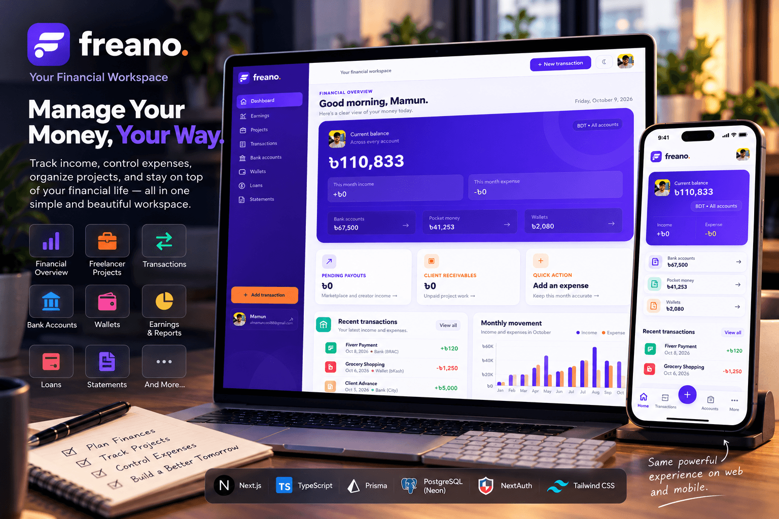 Freano personal finance workspace displayed on a laptop and phone