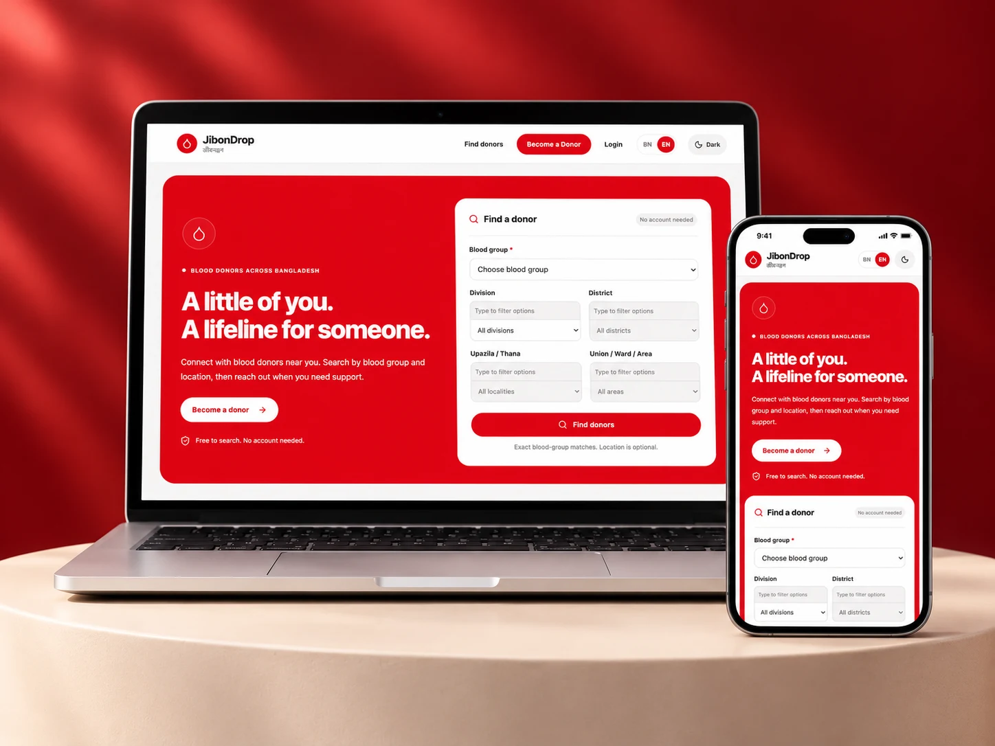 JibonDrop blood-donor directory displayed on a laptop and smartphone