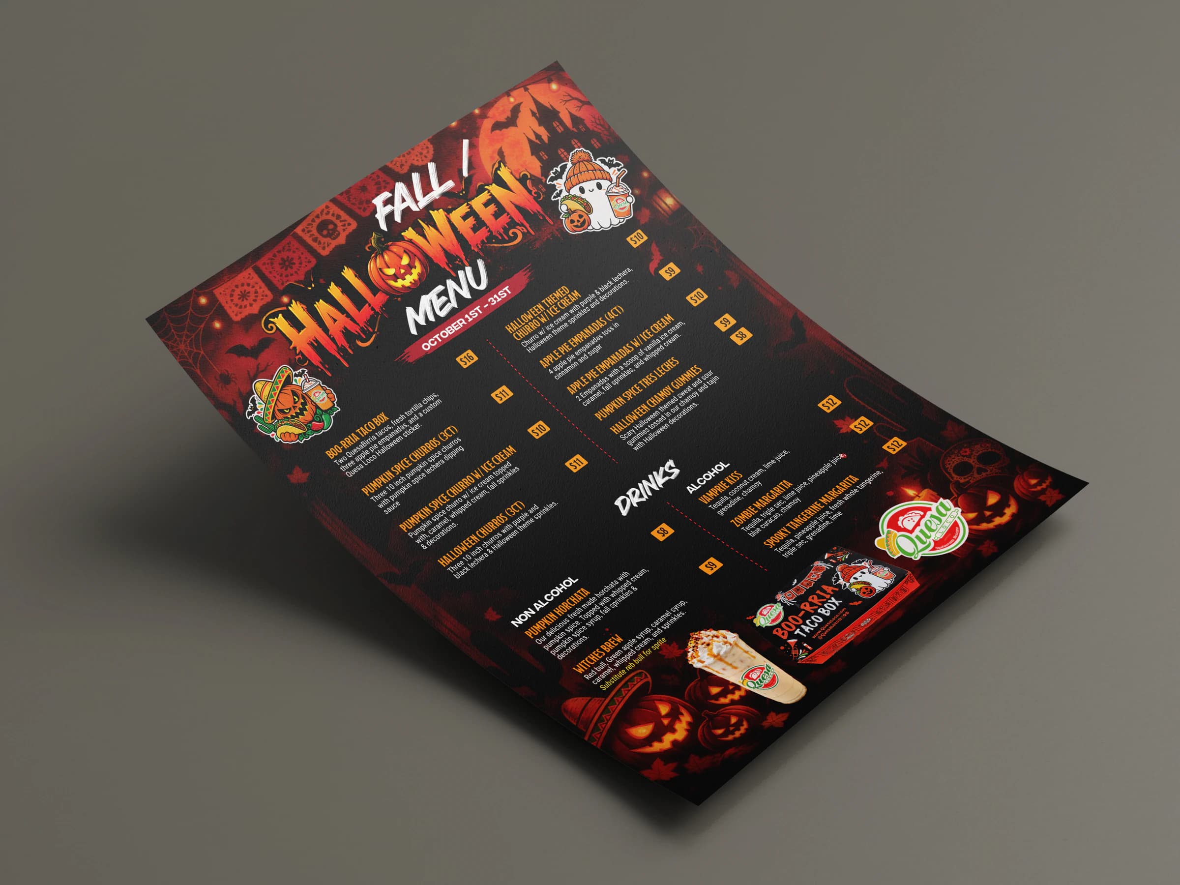 Quesa Loco Halloween fall menu on a dark background with orange pumpkins, a ghost, bats, and red decorative details