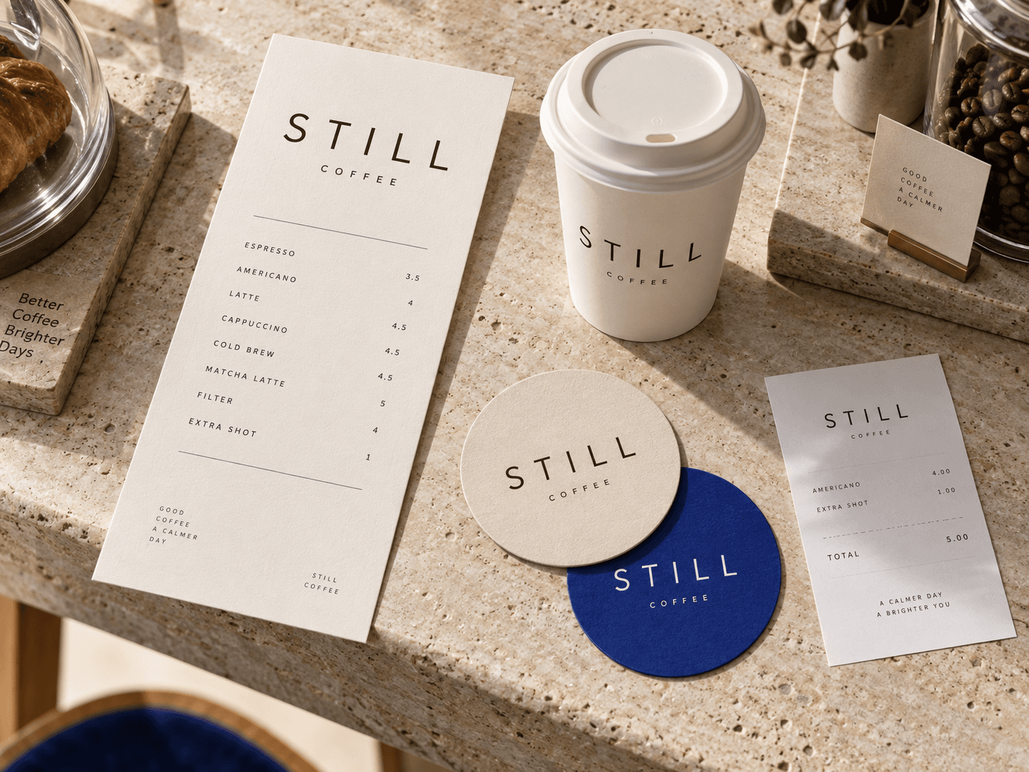 Still Coffee minimalist cafe menu and brand touchpoint design